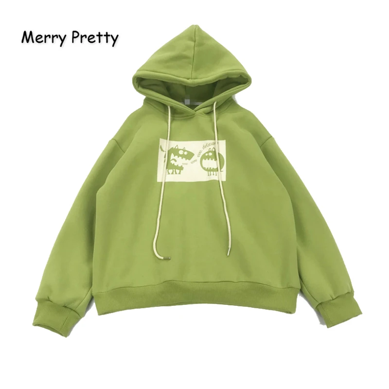MERRY PRETTY, женские толстовки с капюшоном, мультяшный принт, забавные толстовки, зимние, плюс бархат, шнурок, пуловеры, свободный спортивный костюм