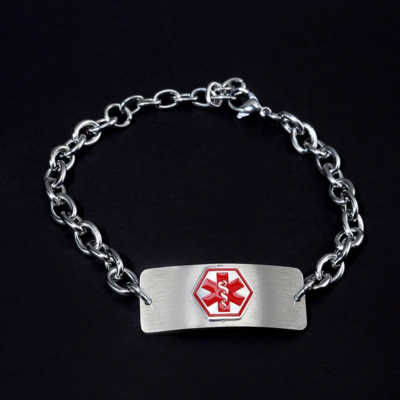 Бесплатный персонализированный медицинский браслет, серебряный мужской браслет из нержавеющей стали, с гравировкой на задней стороне, защита конфиденциальности