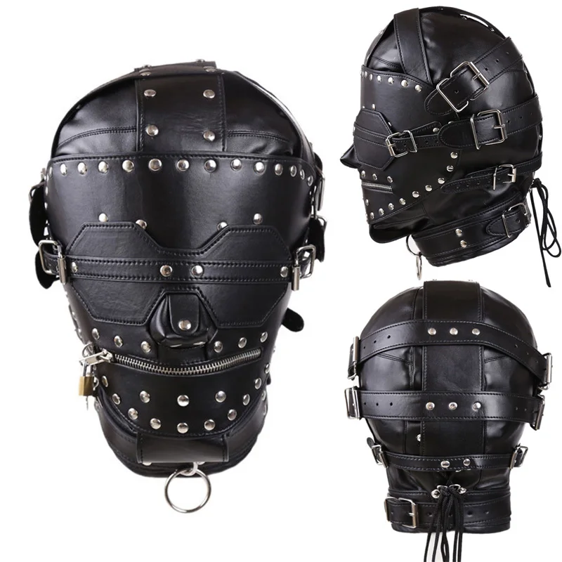 SMLeatherTotallyEnclosedHoodMaskBDSMHeadBondageHarnessSlave
