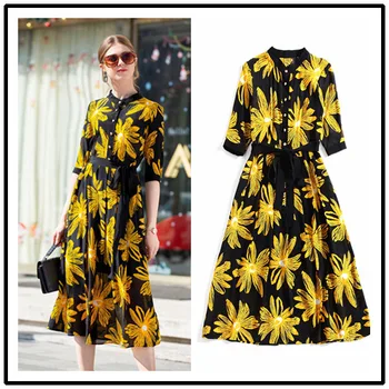 

black yellow floral silk shirt dresses women 2020 summer long casual office work beach boho party dress plus size slim dropship