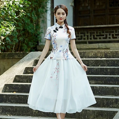 SHENG COCO Cheongsam Pria комплект из 2 предметов китайская блузка в стиле фолк элегантные Cheongsam Топы женское платье Ципао в китайском стиле Классические летние 3XL - Цвет: 2 piece sets