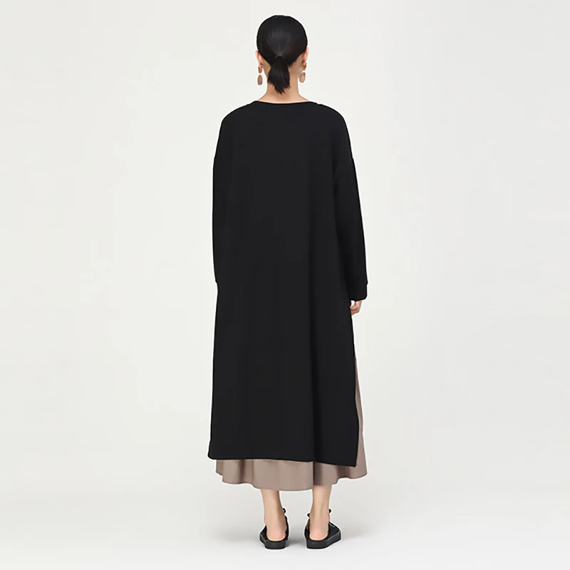 [EAM] женское длинное плиссированное платье из двух частей цвета хаки, новинка, круглый вырез, длинный рукав, свободный крой, мода, весна-осень, 1B681