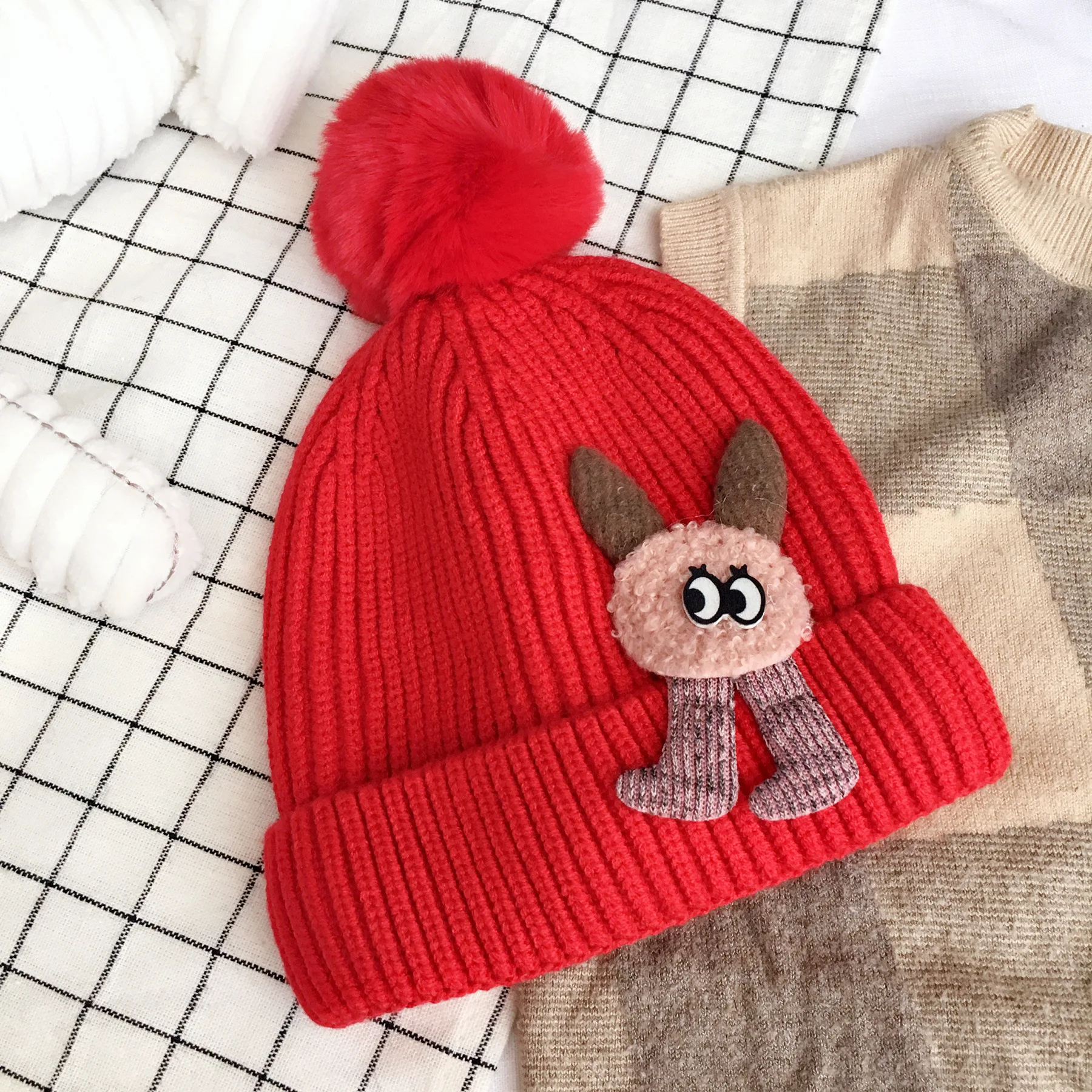 Детские шапочки Skullies Beanies для мальчиков и девочек, зимняя шапка с помпонами и ушками, теплые плотные эластичные модные аксессуары