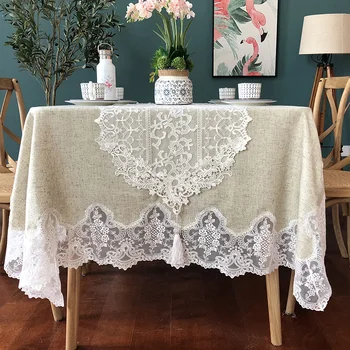 

Proud Rose Linen Lace Table Cloth White Solid Color Round Tablecloths Dust Cloth Cover High-end Home Table Cover Custom Size