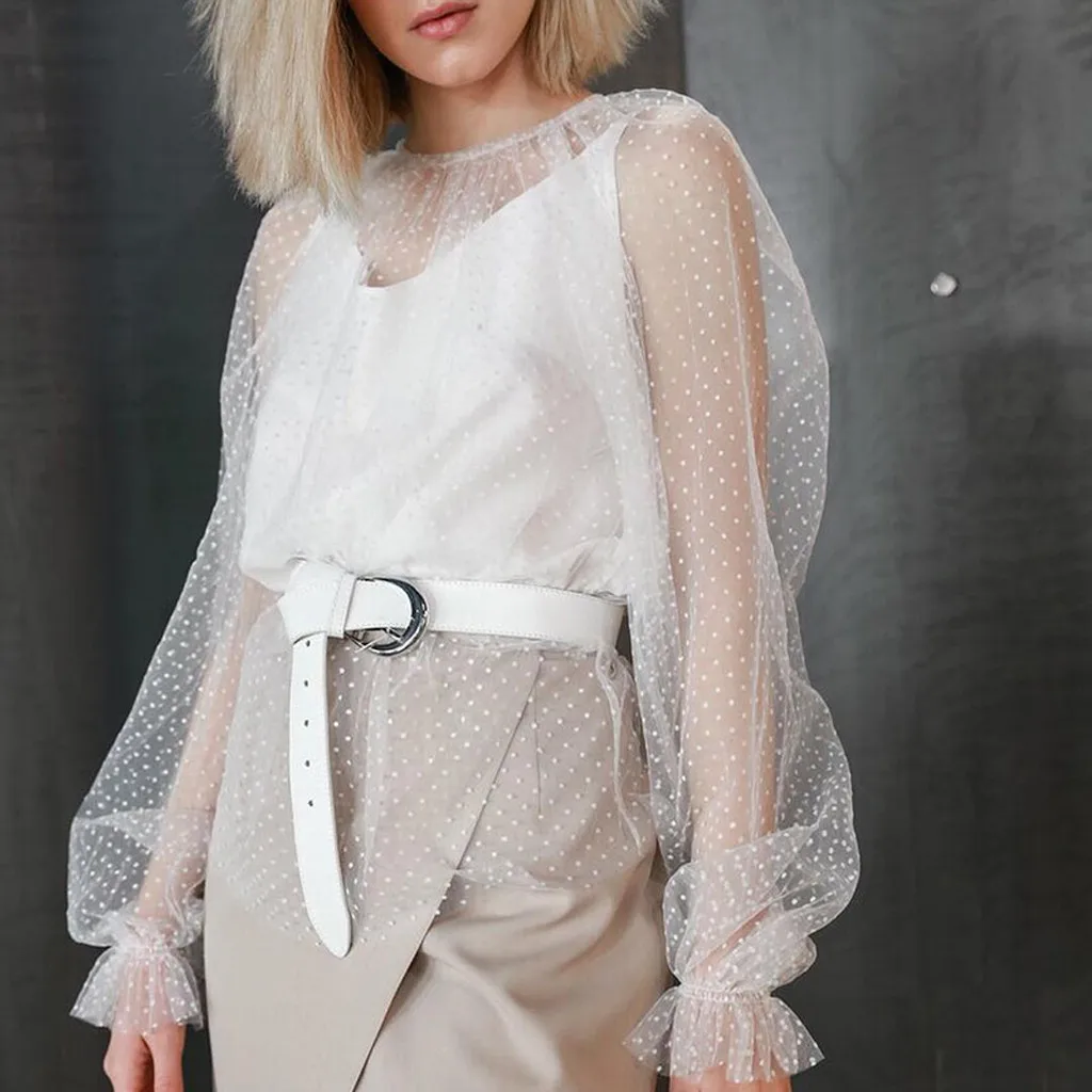 

Blouse Women Autumn Ladies Sexy Perspective Mesh Patchwork Long Sleeve Pokla Dot White Blouse Fall Elegant Blouse Camisas Mujer