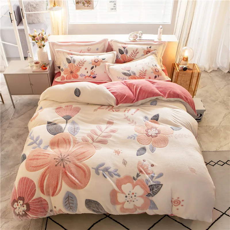 love flower white Модный кашемировый Комплект постельного белья со снежинками, 4 шт., простыня, пододеяльник, фланелевый флисовый комплект с 3D тиснением, зимний AB боковой Комплект постельного белья - Цвет: love flower white