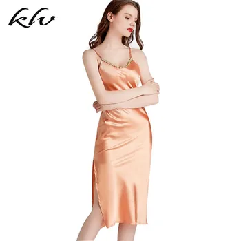 

Womens Spring Summer Imitation Silk Nightgown Sleeveless Floral V-Neck Full Slip Thin Nightdress Midi Long Side Split Sleepwear