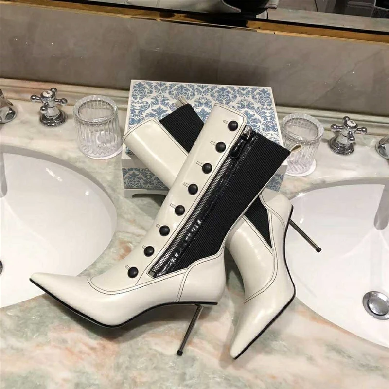 Buono Scarpe/женские ботинки средней высоты на металлическом каблуке-шпильке с острым носком; Botas Mujer; обувь для вечеринок из натуральной кожи; ботинки на молнии на каблуке