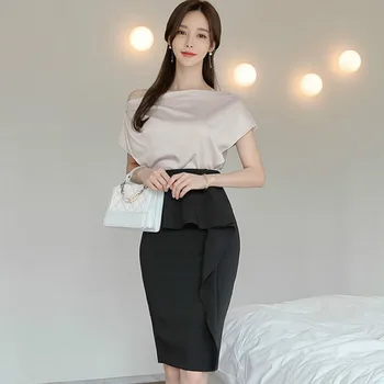 

2020 Summer Short Sleeve Suits Oblique Casual Blouse Ruffles Black Midi Bodycon Skirt Two Piece Pencil Sexy Dress