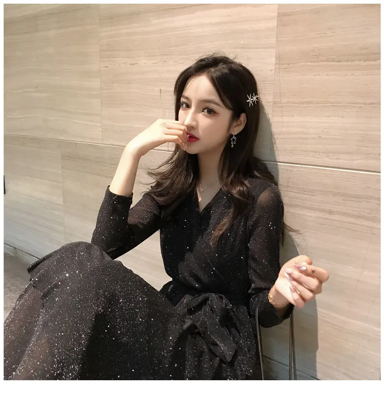 Весеннее и летнее элегантное Bling2019 весенняя одежда сексуальное торжественное платье черное платье с v-образным вырезом Длинные юбки женское нарядное платье