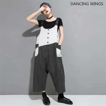 

2020 Spring Women Overalls Patchwork Color Streetwear Denim Jumpsuit Female Large Size Drop Crotch Rompers