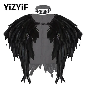 

Womens Natural Feather Shawl Shrug Cape Sleeveless Bolero Short Jacket Tops with Sparkly Rhinestone Choker Masquerade Cosplay