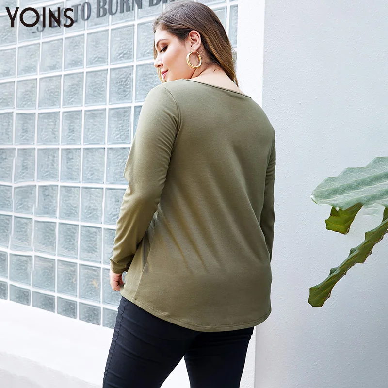 YOINS, перекрещивающаяся блуза с v-образным вырезом, на шнуровке, с длинным рукавом,, женские повседневные рубашки, Женские однотонные топы размера плюс, весна-осень размера плюс
