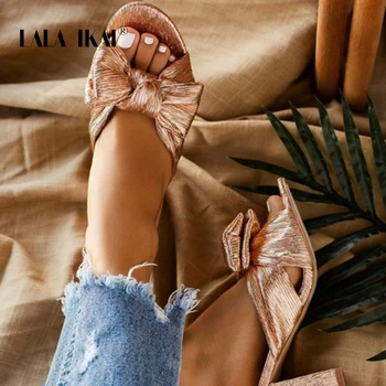 

LALA IKAI Lady Pumps Women Peep Toe Champagne Gold Stylish BowKnot Thick Chunky Block High Heels Slides Mules Slippers XWC6539-4