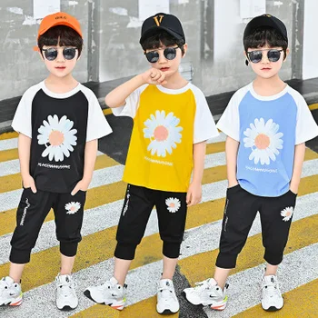 

5-10 years old boy new fashion leisure sports color matching in the big boy printing small wrinkled chrysanthemum boy suit