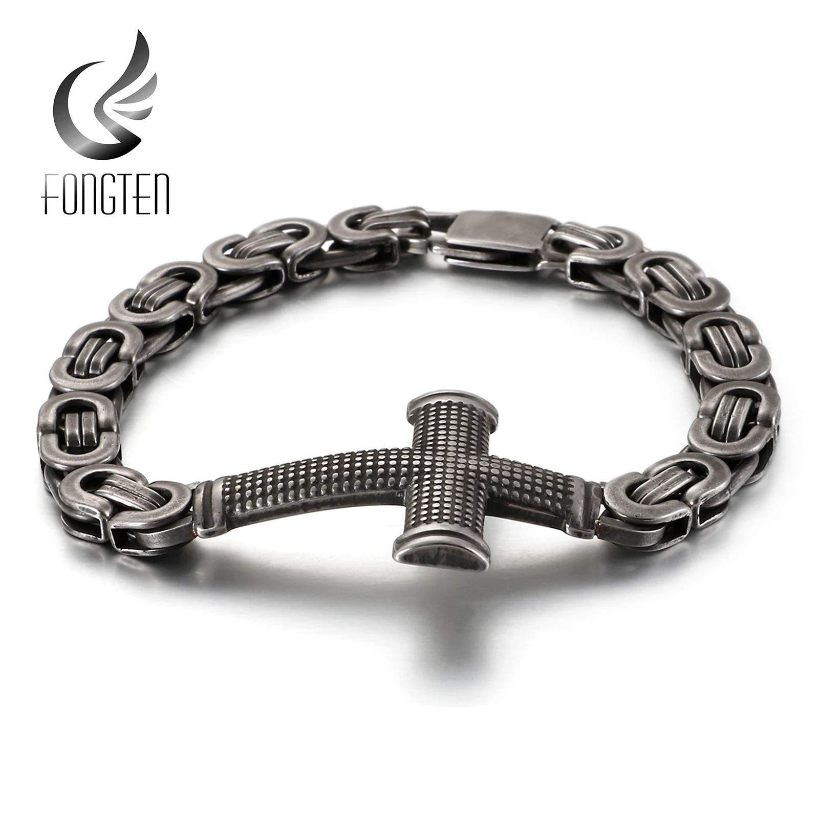 Fongten квадратный кубинский крест звеньев цепи браслет Мужчины Черный Панк