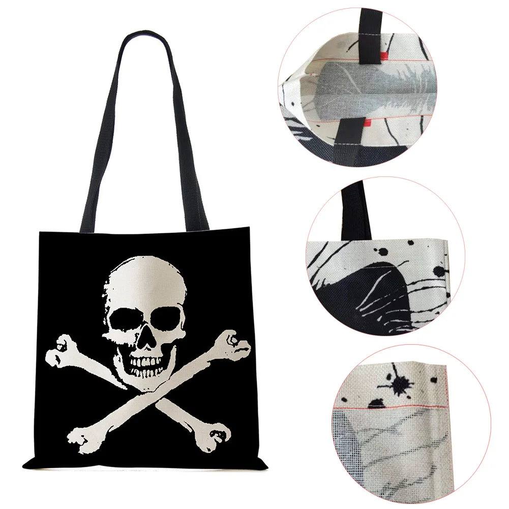 Dark Black Cool Skull Print Linen Tote Handbag Eco Reusable Bags For Women Traveling School Shoulder Bag Foldable