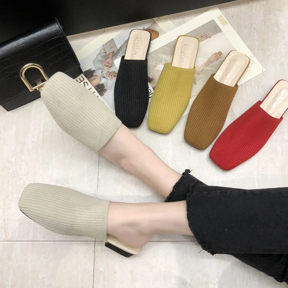 Women Mules Slippers Women Summer Flats Sandals Knit Fabric Stretch Slides Holiday Beach Shoes Square Heel Square Toe Flats