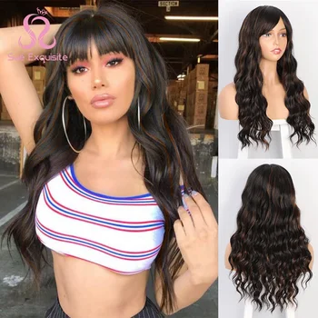 

SUe EXQUISITE Synthetic Wigs for Women Brown Black Mixed Color Long Wavy with Bangs Women's Wigs Natural Full Wigs