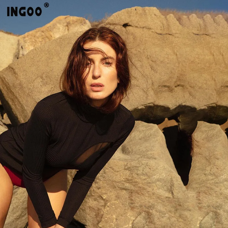 Женская ажурная сетчатая водолазка INGOO Весенняя модная черная однотонная
