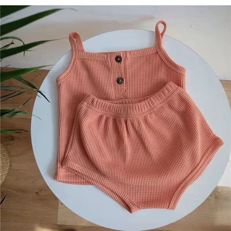 Cotton Casual Summer Newborn Baby Boys Girls Outfits Suit Ribbed Knitted Sleeveless T-shirts Tops+Shorts 2Pcs Kids Tracksuits Baby Clothing Set comfotable