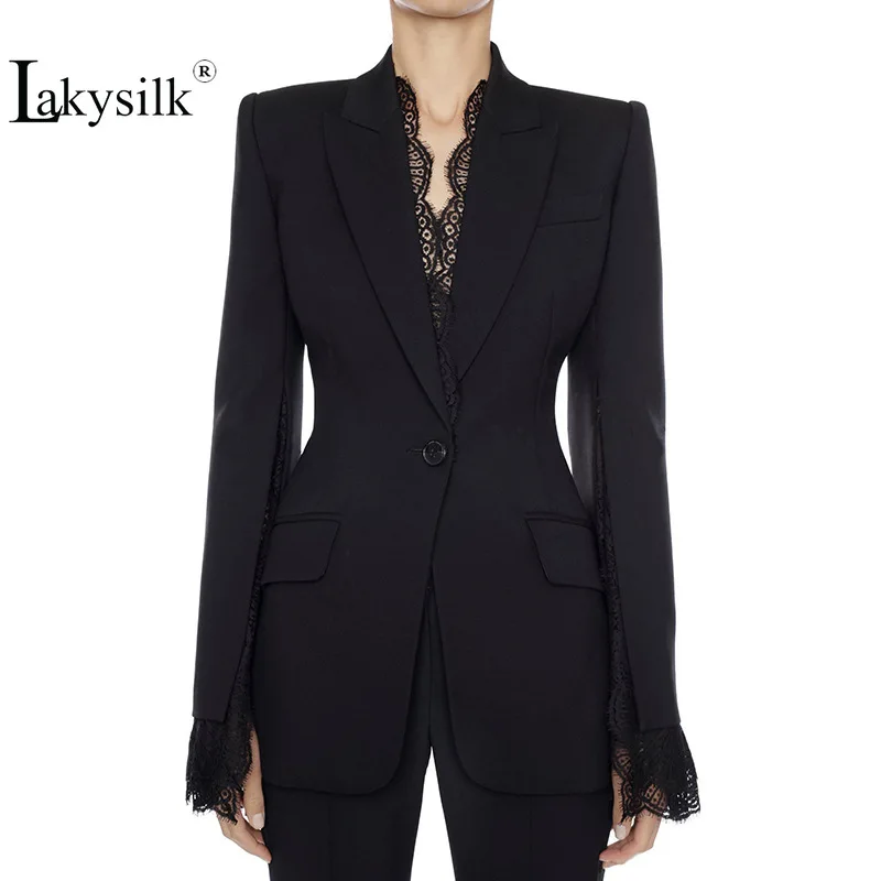 

Top Quality Designer Lace Blazer Women Jacket Female Single Button Black White Notched Blazer for Office Ladies Pocket Outwear