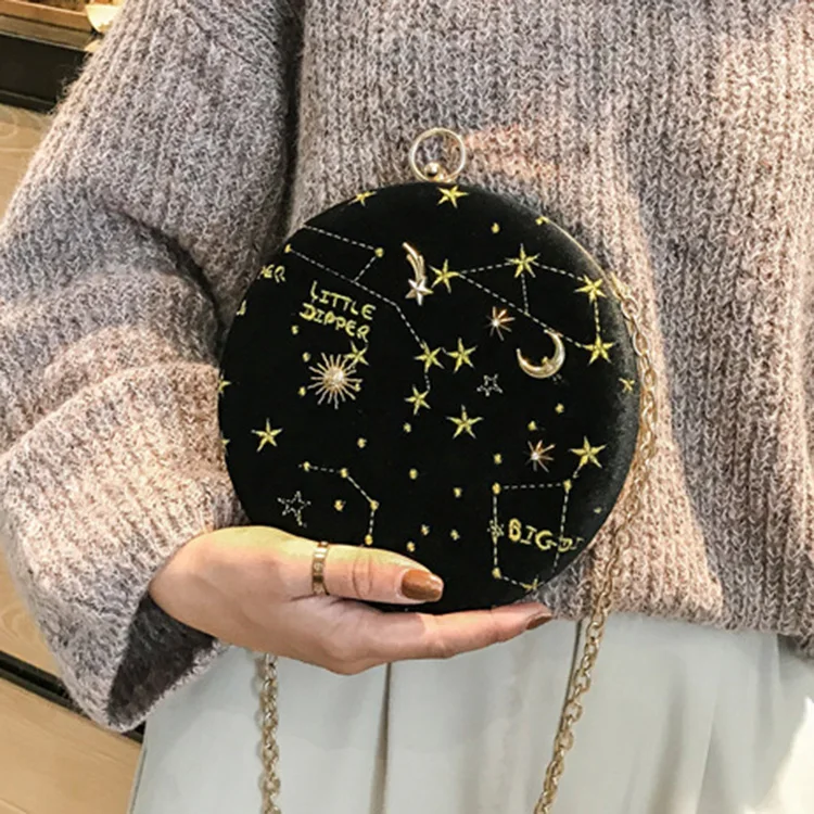 New Starry Sky Circular Fashion Suede Shoulder Bag Chain Belt Women'S Crossbody Messenger Bags Ladies Purse Female Round Handbag