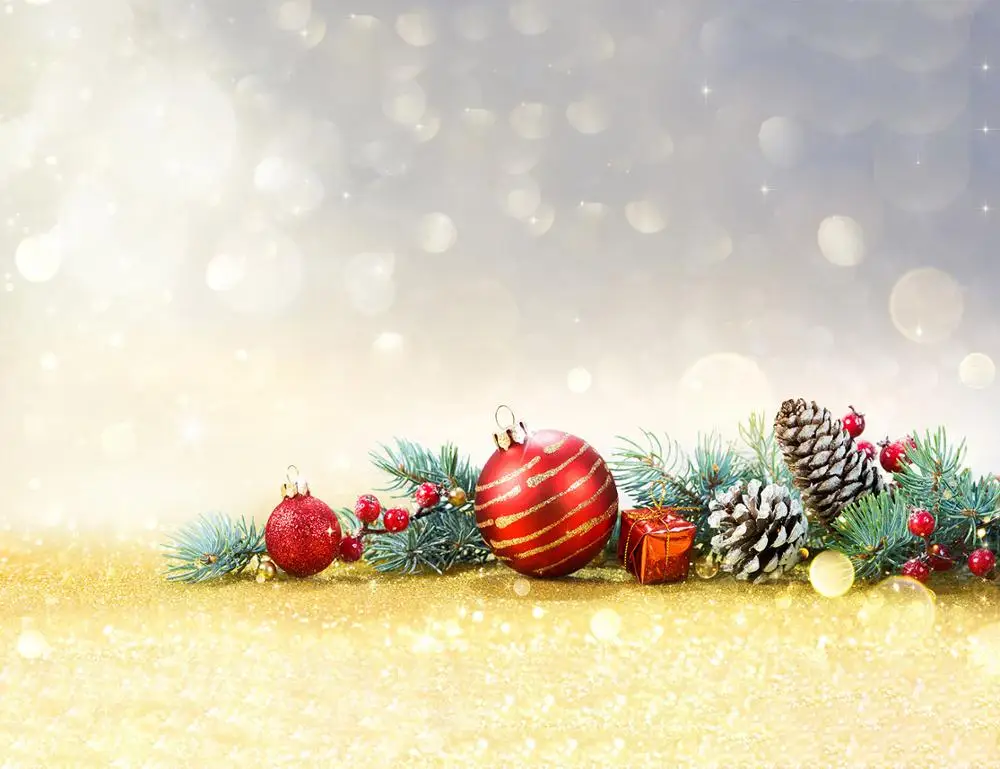 Red Christmas Ball Green Fir Branch Pine Cone Backdrop Vinyl Photography Background Studio Props Birthday Party Banner |