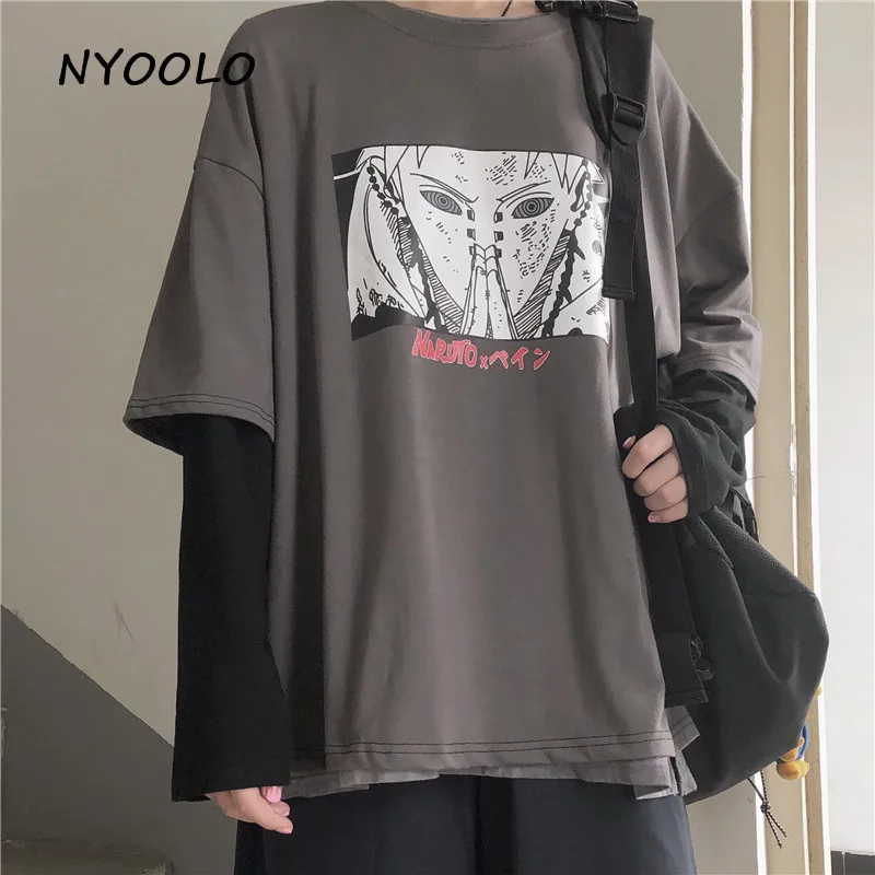 NYOOLO Harajuku Винтаж мультфильм Наруто печати поддельные 2 шт. Лоскутное Топ осень уличная одежда с длинным рукавом Футболка женская мужская одежда - Цвет: as picture