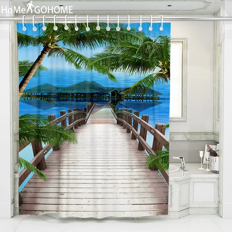 

Blue Seaside Scenery 3d Printed Shower Curtains Polyester Fabric Waterproof Bath Curtain Bathroom Screen Curtain Palm Tree Large