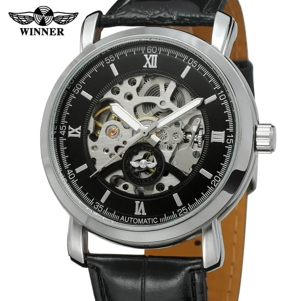 

Winner Men's Watches New Fashion Skeleton Automatic Self-Wind Black Leather Strap Best Gift Latest Wristwatch Mechanical Watches
