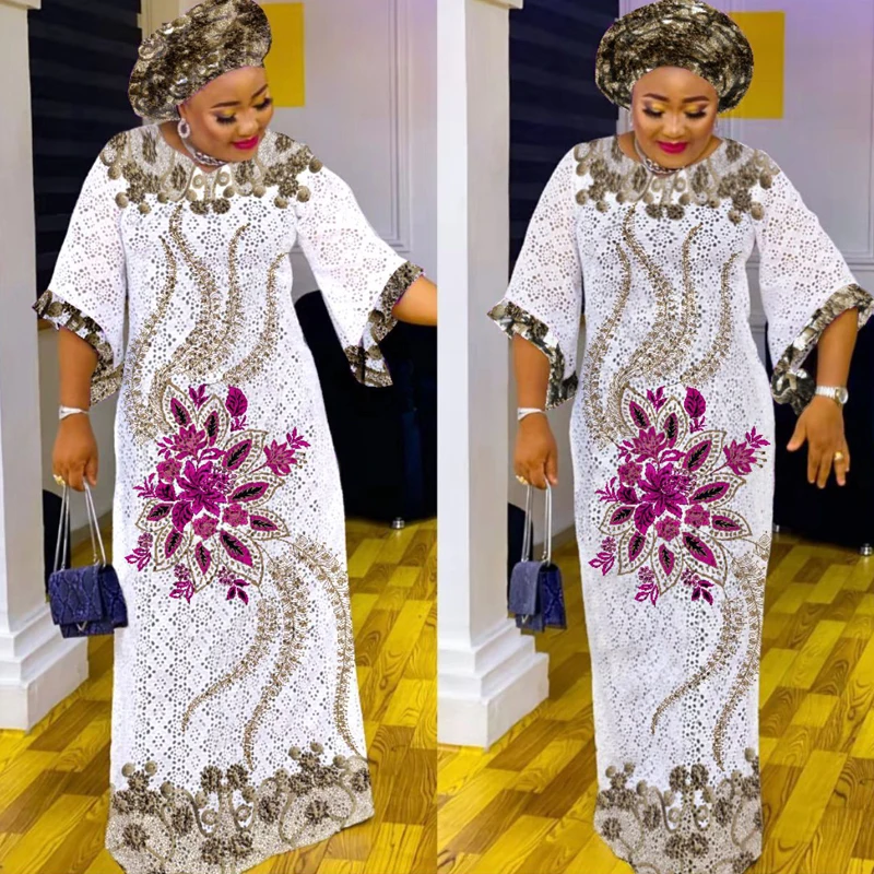 MD 2022 New African Lace Dresses For Women Embroidered Sequin Maxi Robe Muslim Hijab Abayas Ankara Dashiki Kaftan Robe Africaine