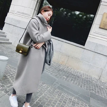 

Women Coat Autumn Winter Slim Long Coat Solid Turn-Down Collar Pocket Female Cardigan Outwear