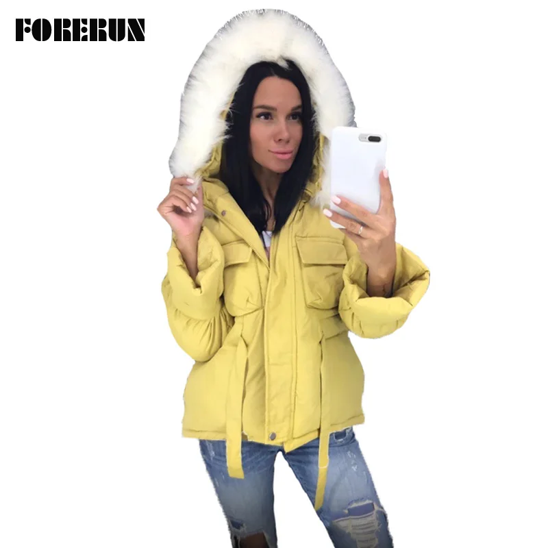FORERUN Большая Меховая куртка с капюшоном женское пуховое пальто бантом на талии