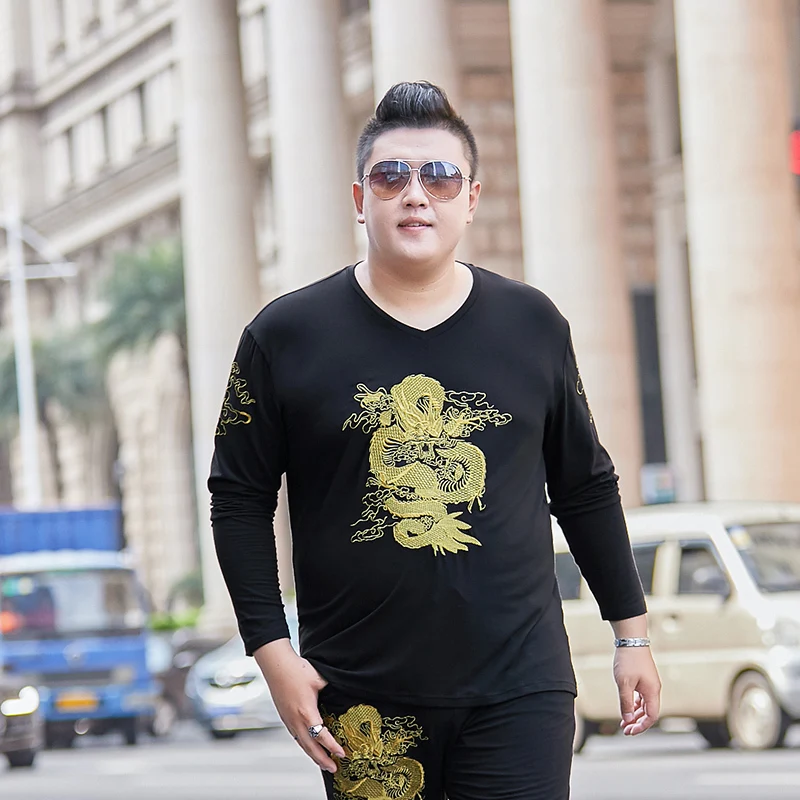 8XL Мужская футболка с длинным рукавом, спортивные топы для улицы, модная осенняя одежда с v-образным вырезом и принтом, свободная хлопковая Футболка большого размера - Цвет: black