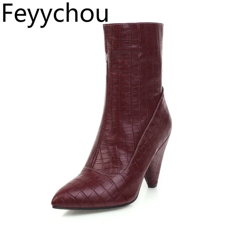 

Women Boots Spring Autumn Super High Heel Pointed Toe Ankle Spike Heels Zip 2019 Sexy Fashion Casual Gold Wine Red Big Size34-47
