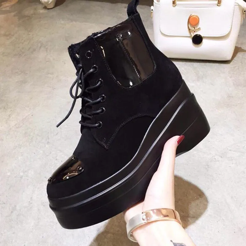 

Women's fashion ankle boots autumn and winter new leather high help muffin thick-soled lacing Martin boots increase boots women