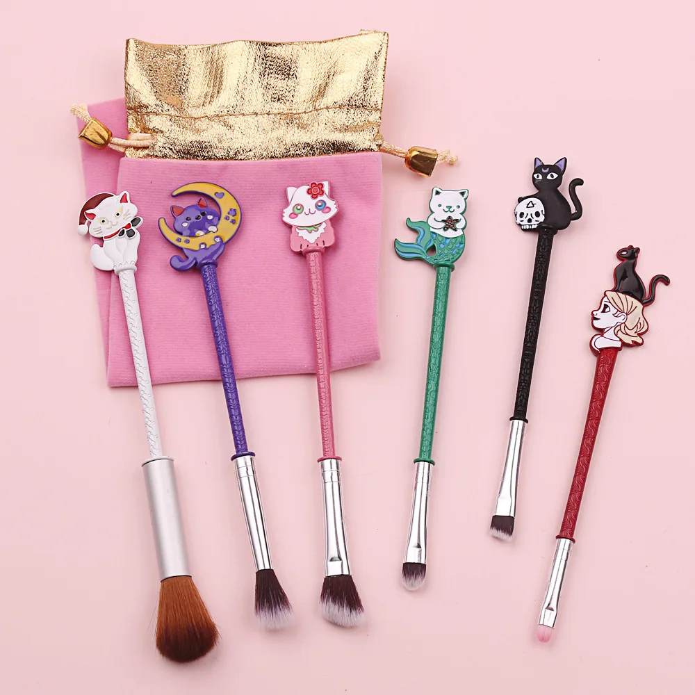

CHILEELOVE 6 Pcs/Set Cute Cat Makeup Brushes Kit Face Eye Brush set Makeup Tools with Collection Bag