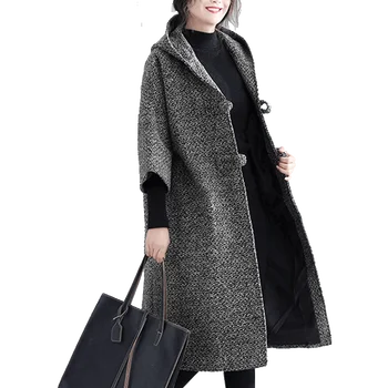 

Women's Hooded Wool and Blends Winter Oversized Woman Gray Coat Winter Manteau Elegant Femme Wool Long Coat Women Hooded HH50NZ
