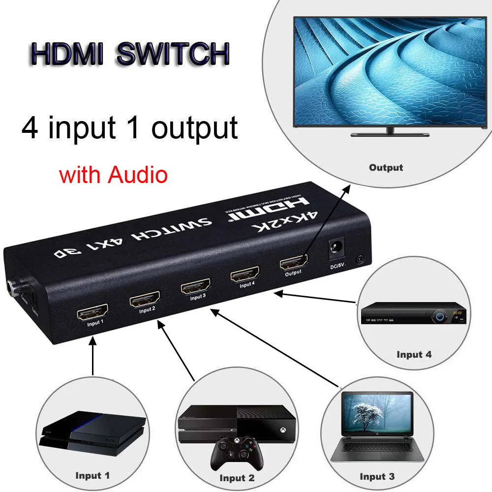 4k x 2k 4x1 HDMI переключатель 3D с ИК-пультом Toslink коаксиальный AUX аудио выход 4 входа с 1 выходом 4K 1080P для PS3 PS4 PC DVD HDTV