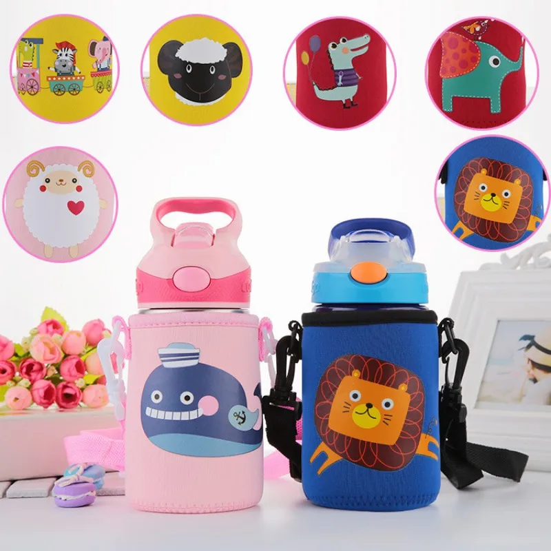New 400ML-500ML Baby Cartoon Cups Wash Water For Kids Learn Drink Feeding Bottles Warmer Cover With Strap Rope | Мать и ребенок