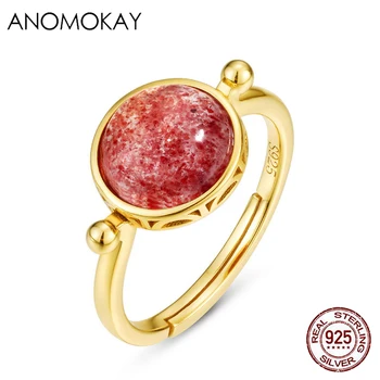 

Anomokay Trendy Big Natural Strawberry Crystals Gold Color Rings 925 Sterling Silver Candy Color Women Lover Mom Rings Gift