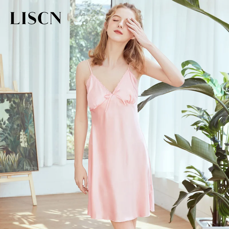 Pink LISCN, красное Женское ночное платье, женская шелковая ночная рубашка, пижама, женский сексуальный халат, v-образный вырез, без рукавов, кружевной подол - Цвет: Pink