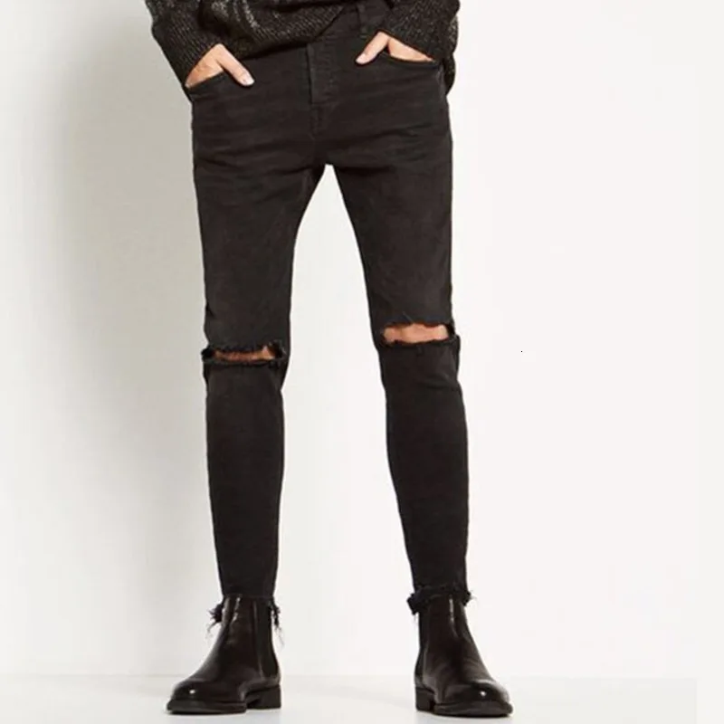 EWQ New Arrival Casual Men's Holes Elastic Waist Denim Pants Personality Beam Foot Slim Burr Jean Trousers For Male HD575