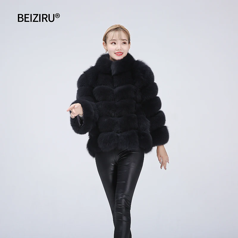 BEIZIRU, натуральный мех, Лисий мех, стоячий воротник, пальто, съемный рукав, женская верхняя одежда, одежда, натуральная, зимняя, теплая, Серебряная лиса, пальто