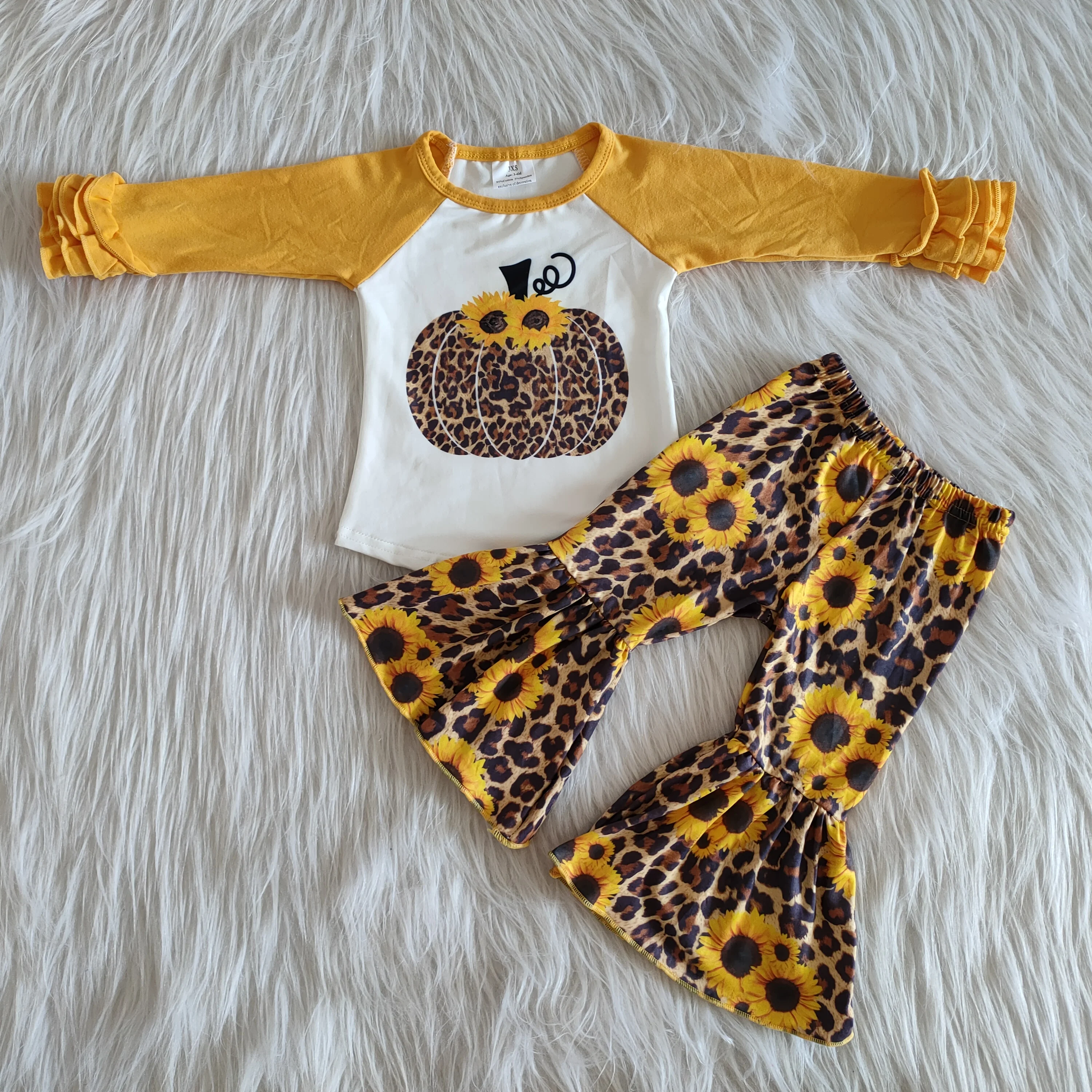 

RTS wholesale Lovely Toddler Girls Clothing Sets Sunflower Pumpkin Toddler Long Sleeve and Bell Bottoms Pants Boutique Outfits