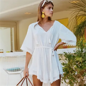 

2019 Women Swimsuit Bikini Cover Up Sleeve Beach Tunic Dress Robe Cotton Pareo Beach Dress Swimsuit Summer High Collar Cover U
