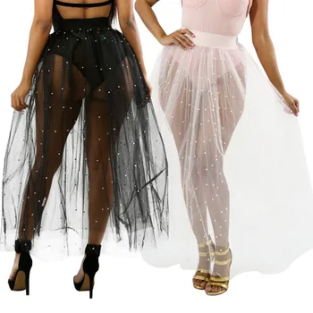 

Women Skirts Sheer Mesh Transparent Pleated Elastic Waist with Bead White Black Fashion Clubwear Sexy Night Date Out Occassion