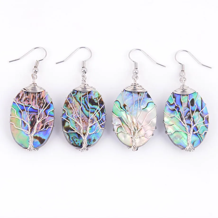

Natural Stone Oval Abalone Shell Earrings Copper Line Wrapped Tree of Life Copper Hook for Women Fashion Jewelry R291A—R292A
