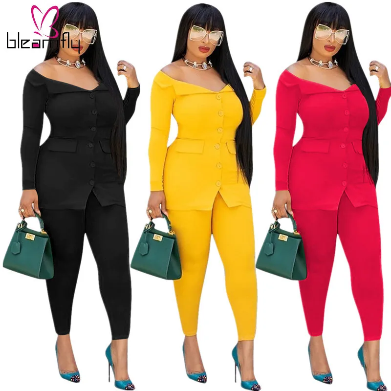

Autumn Winter Yellow Set for Women Full Sleeve Slash Neck Coat Bodycon Pants Suit Two Piece Set Office Lady Tracksuit Outfits